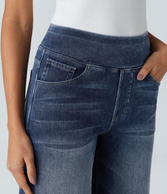Halara Flex™ Högmidjade Fickor Baggy Vida Ben Tvättade Avslappnade Jeans
