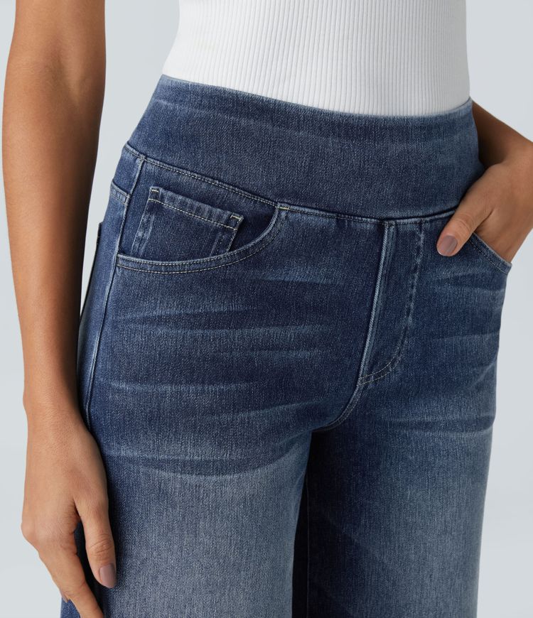 Halara Flex™ Högmidjade Fickor Baggy Vida Ben Tvättade Avslappnade Jeans
