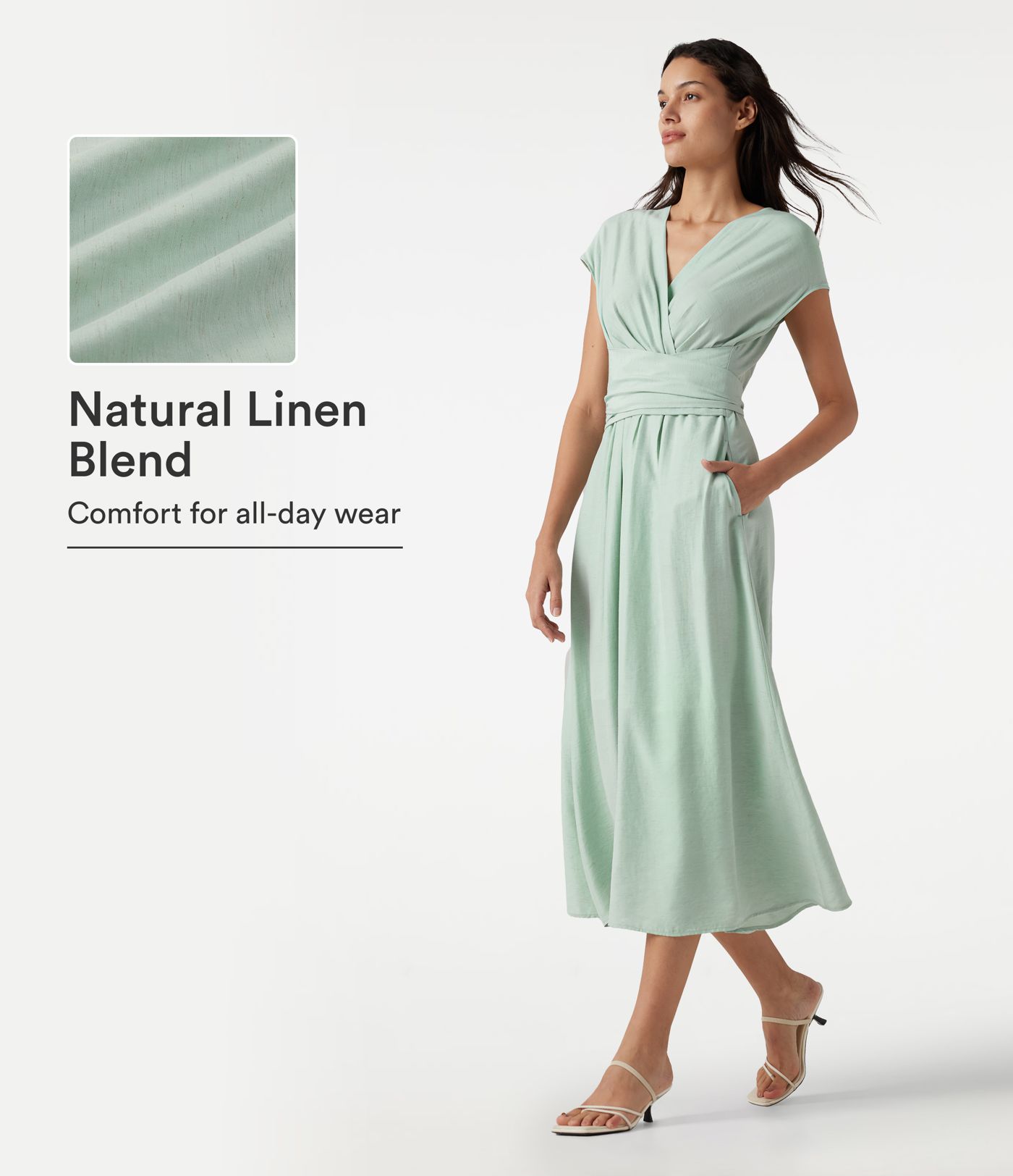 V Neck Short Sleeve Tie Back Midi Casual Linen-Blend Flowy Dress with Pockets V Neck Short Sleeve Tie Back Midi Casual Linen-Blend Flowy Dress with Pockets
