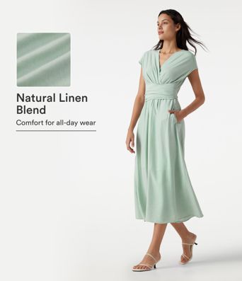 V Neck Short Sleeve Tie Back Midi Casual Linen-Blend Flowy Dress with Pockets V Neck Short Sleeve Tie Back Midi Casual Linen-Blend Flowy Dress with Pockets