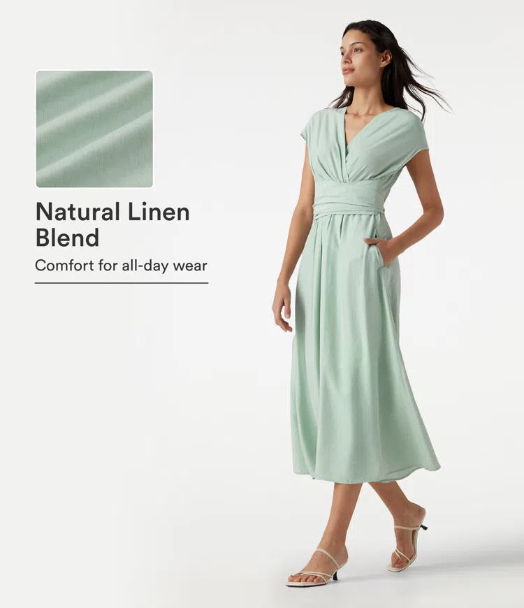 Vestido midi fluido con escote en V, mangas cortas, lazo en la espalda, mezcla de lino, con bolsillos