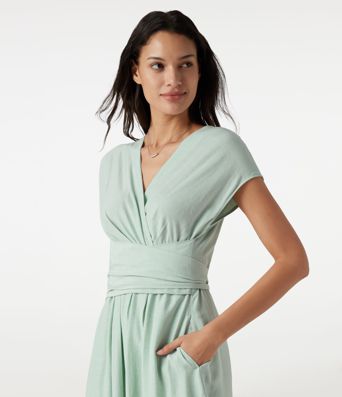 V Neck Short Sleeve Tie Back Midi Casual Linen-Blend Flowy Dress with Pockets V Neck Short Sleeve Tie Back Midi Casual Linen-Blend Flowy Dress with Pockets
