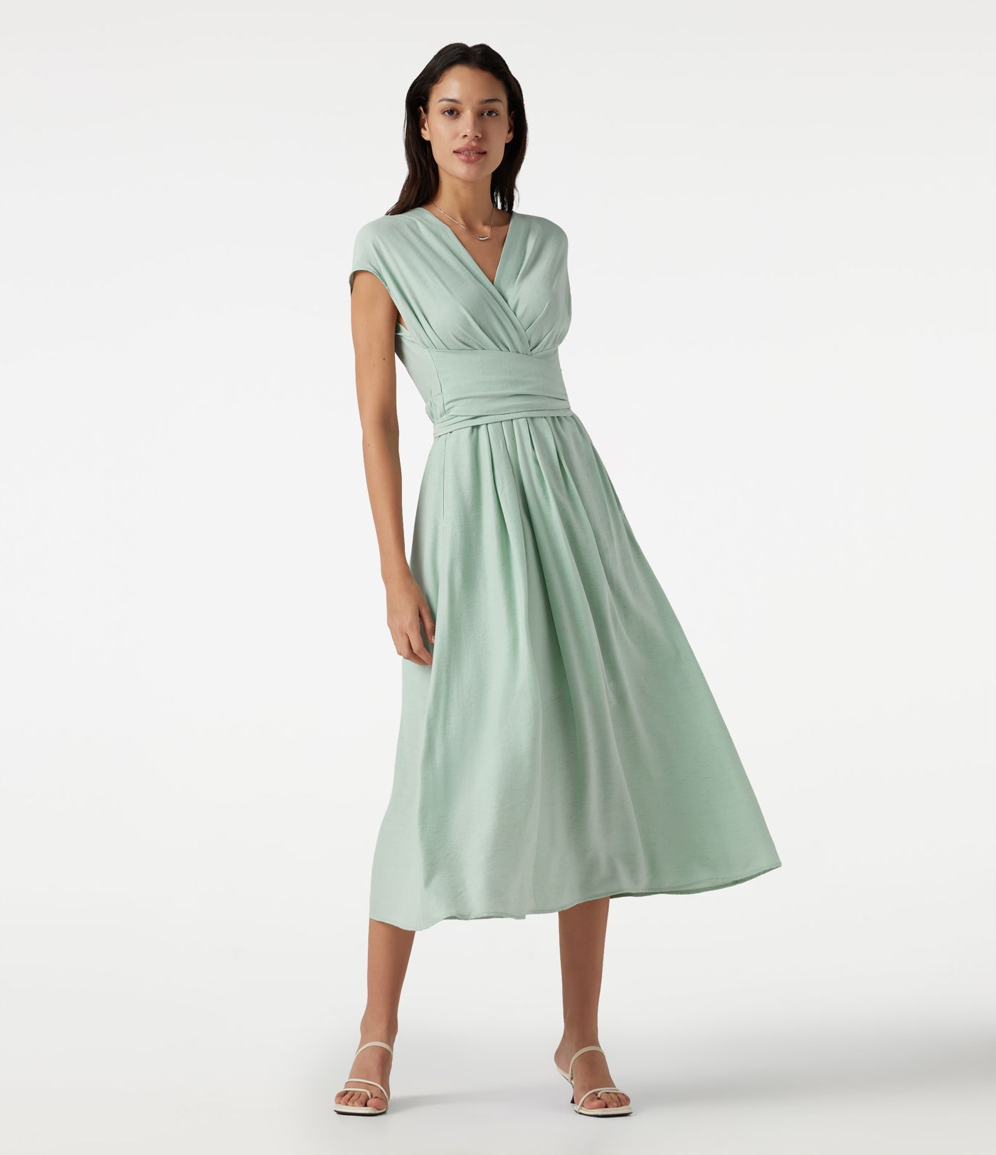 V Neck Short Sleeve Tie Back Midi Casual Linen-Blend Flowy Dress with Pockets V Neck Short Sleeve Tie Back Midi Casual Linen-Blend Flowy Dress with Pockets