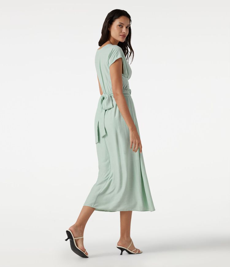 V Neck Short Sleeve Tie Back Midi Casual Linen-Blend Flowy Dress with Pockets V Neck Short Sleeve Tie Back Midi Casual Linen-Blend Flowy Dress with Pockets