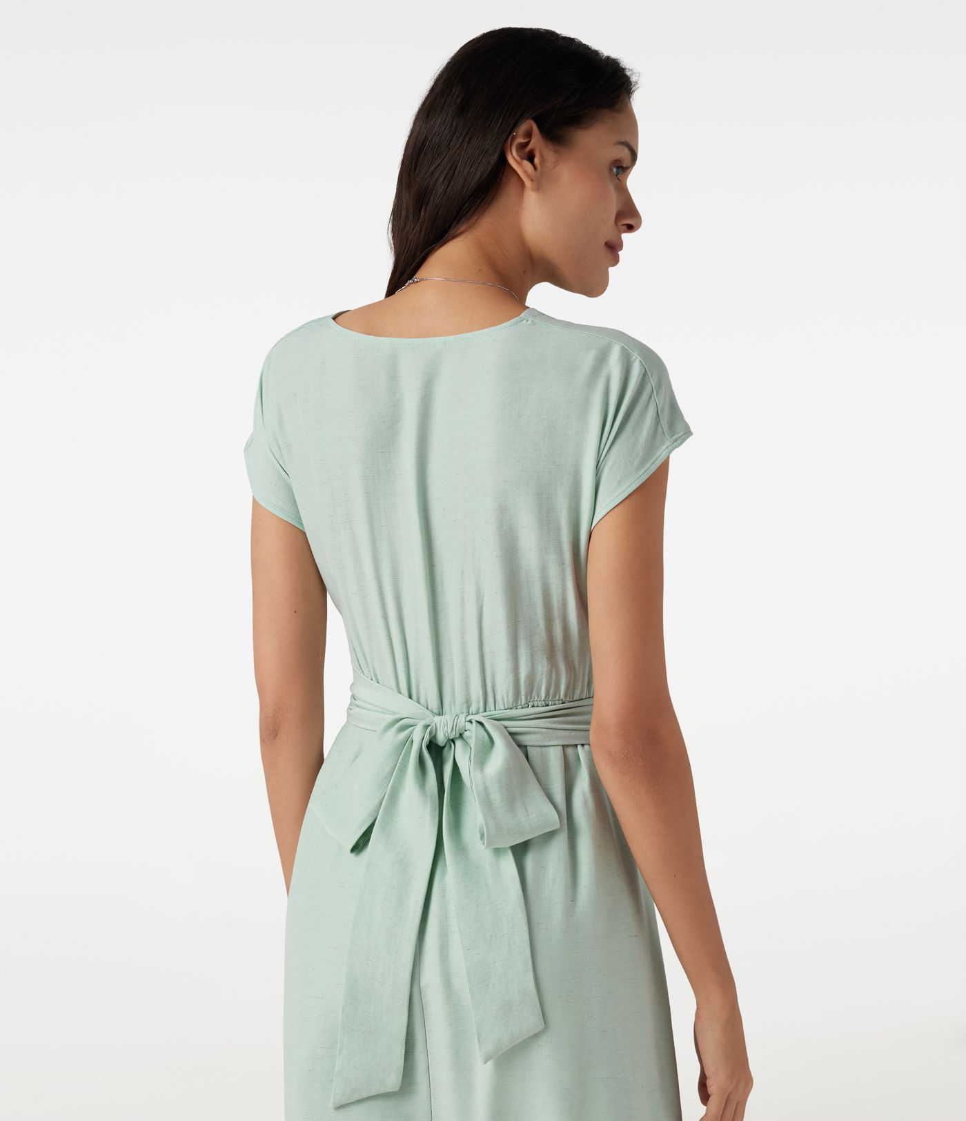 V Neck Short Sleeve Tie Back Midi Casual Linen-Blend Flowy Dress with Pockets V Neck Short Sleeve Tie Back Midi Casual Linen-Blend Flowy Dress with Pockets