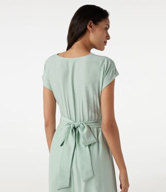 V Neck Short Sleeve Tie Back Midi Casual Linen-Blend Flowy Dress with Pockets V Neck Short Sleeve Tie Back Midi Casual Linen-Blend Flowy Dress with Pockets