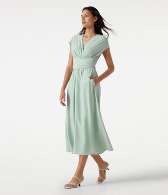 Vestido midi fluido con escote en V, mangas cortas, lazo en la espalda, mezcla de lino, con bolsillos