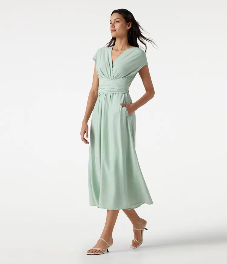 Midi-Kleid aus Leinenmischung mit V-Ausschnitt, kurzen Ärmeln, Bindeband hinten, lockerem Fall und Taschen