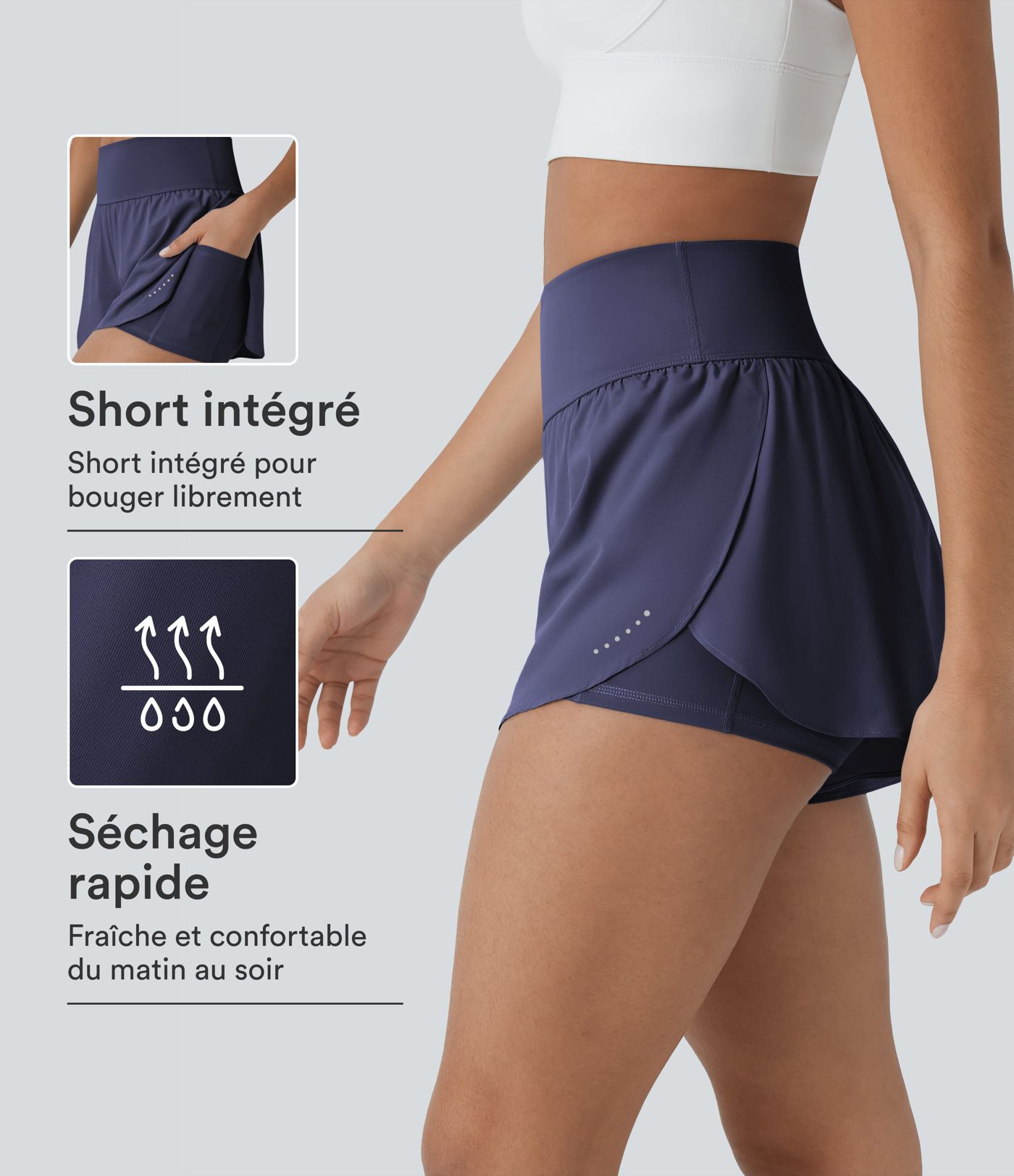 Softlyzero™ QuickDry Short de course à pied 2-en-1 taille haute à ourlet croisé avec pois réfléchissants et poches latérales Softlyzero™ QuickDry Short de course à pied 2-en-1 taille haute à ourlet croisé avec pois réfléchissants et poches latérales