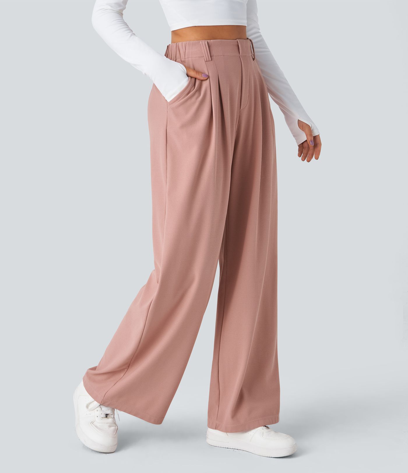 Pantalon Tailleur Large Fluide Halara Flex™ Gaufré Taille Haute Poches Latérales