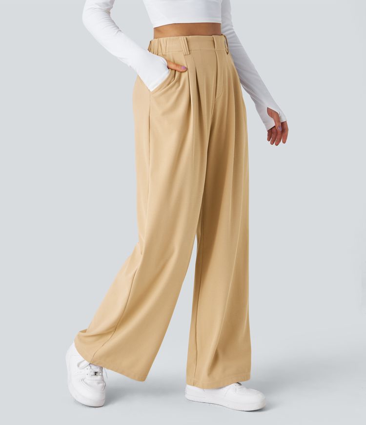 Pantalones Halara Flex™ de oficina anchos plisados de tiro alto con bolsillos en tela tipo gofre