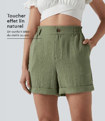Short resort 12,5 cm taille haute effet lin avec ourlet roulotté et poches Short resort 12,5 cm taille haute effet lin avec ourlet roulotté et poches