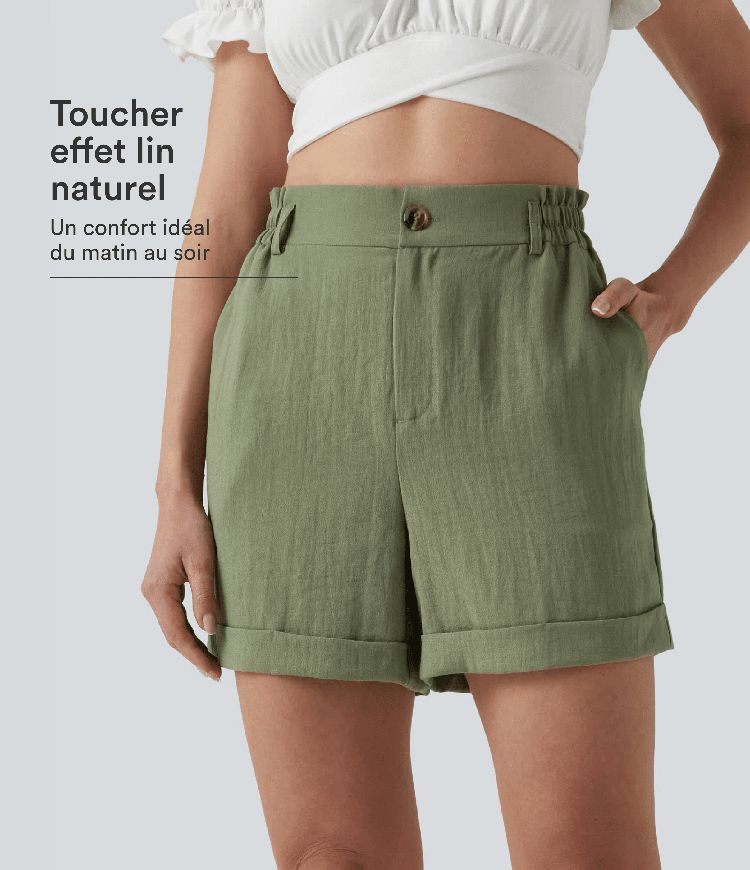 Short resort 12,5 cm taille haute effet lin avec ourlet roulotté et poches Short resort 12,5 cm taille haute effet lin avec ourlet roulotté et poches