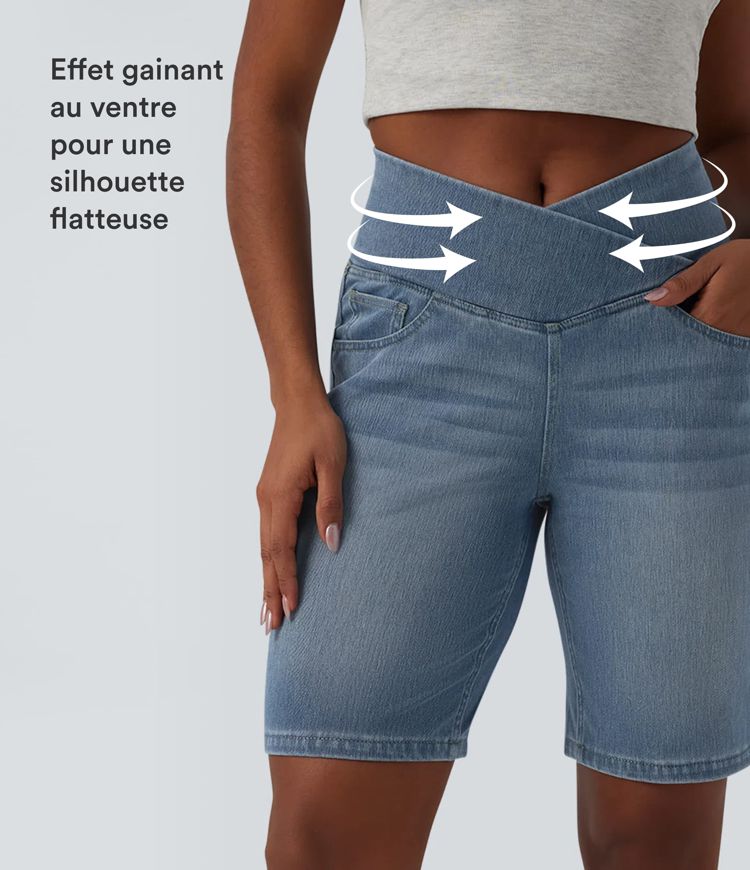 Short en jean Halara Flex™ casual gainant taille haute croisée avec poches Short en jean Halara Flex™ casual gainant taille haute croisée avec poches