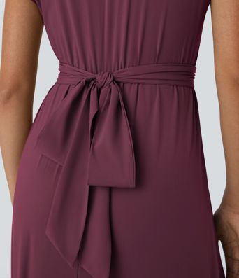 Breezeful™ V Neck Short Sleeve Pocket Tie Back Quick Dry Midi Casual Dress-Longer Length