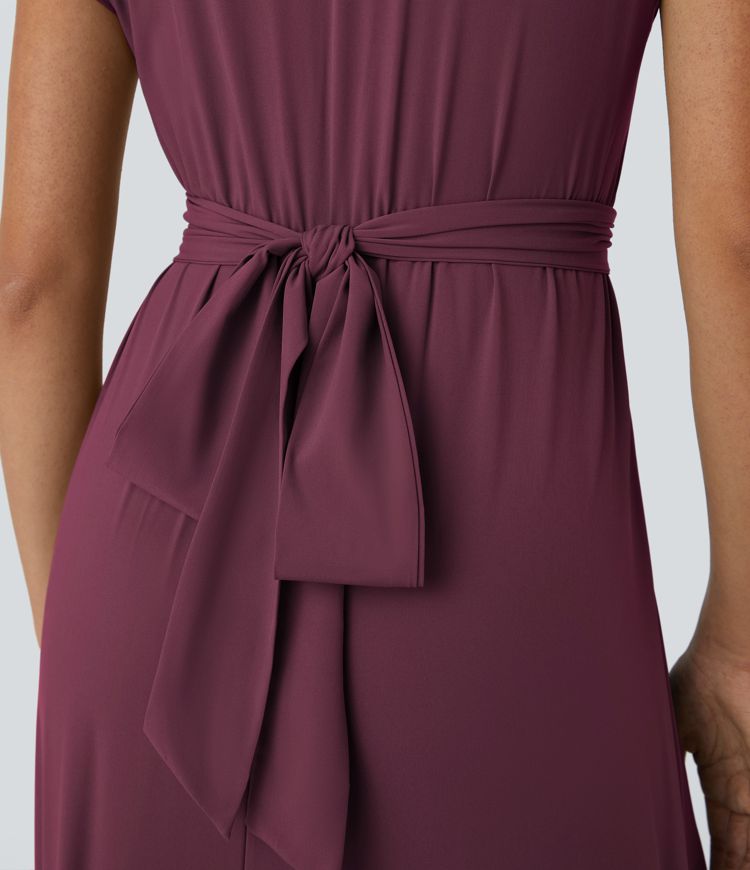Breezeful™ V Neck Short Sleeve Pocket Tie Back Quick Dry Midi Casual Dress-Longer Length