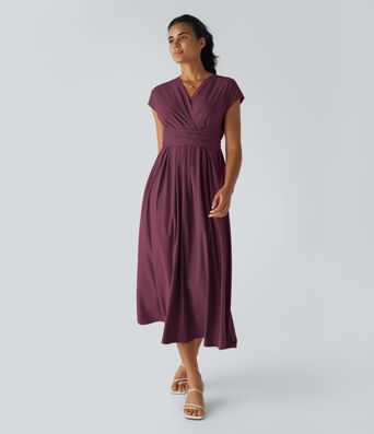 Breezeful™ V Neck Short Sleeve Pocket Tie Back Quick Dry Midi Casual Dress-Longer Length