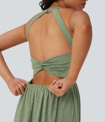Rückenfreies, gedrehtes Urlaubs-Maxikleid mit Seitentaschen und Schlitz