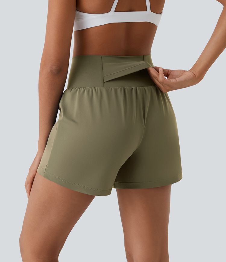 Withered Green SoftlyZero™ Airy Super High Waisted 2-in-1  InstantCool Yoga Shorts 5'' with Pockets-Longer Length / 2