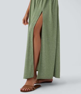 Rückenfreies, gedrehtes Urlaubs-Maxikleid mit Seitentaschen und Schlitz