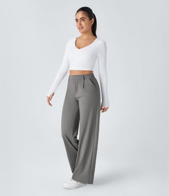 Halara Flex™ plissierte dehnbare Stoffhose mit hohem Bund, Seitentaschen und geradem Bein