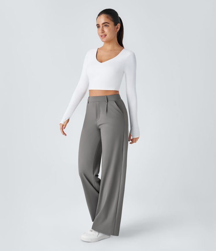Halara Flex™ plissierte dehnbare Stoffhose mit hohem Bund, Seitentaschen und geradem Bein