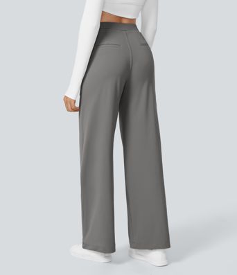 Halara Flex™ plissierte dehnbare Stoffhose mit hohem Bund, Seitentaschen und geradem Bein