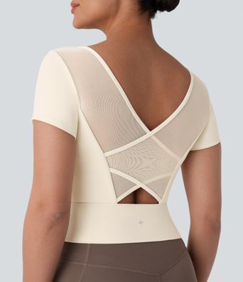 SoftlyZero™ Plush U Neck Short Sleeve Crossover Contrast Mesh Yoga Sports Top SoftlyZero™ Plush U Neck Short Sleeve Crossover Contrast Mesh Yoga Sports Top