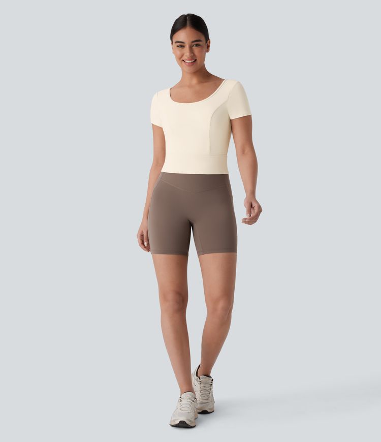 SoftlyZero™ Plush U Neck Short Sleeve Crossover Contrast Mesh Yoga Sports Top SoftlyZero™ Plush U Neck Short Sleeve Crossover Contrast Mesh Yoga Sports Top