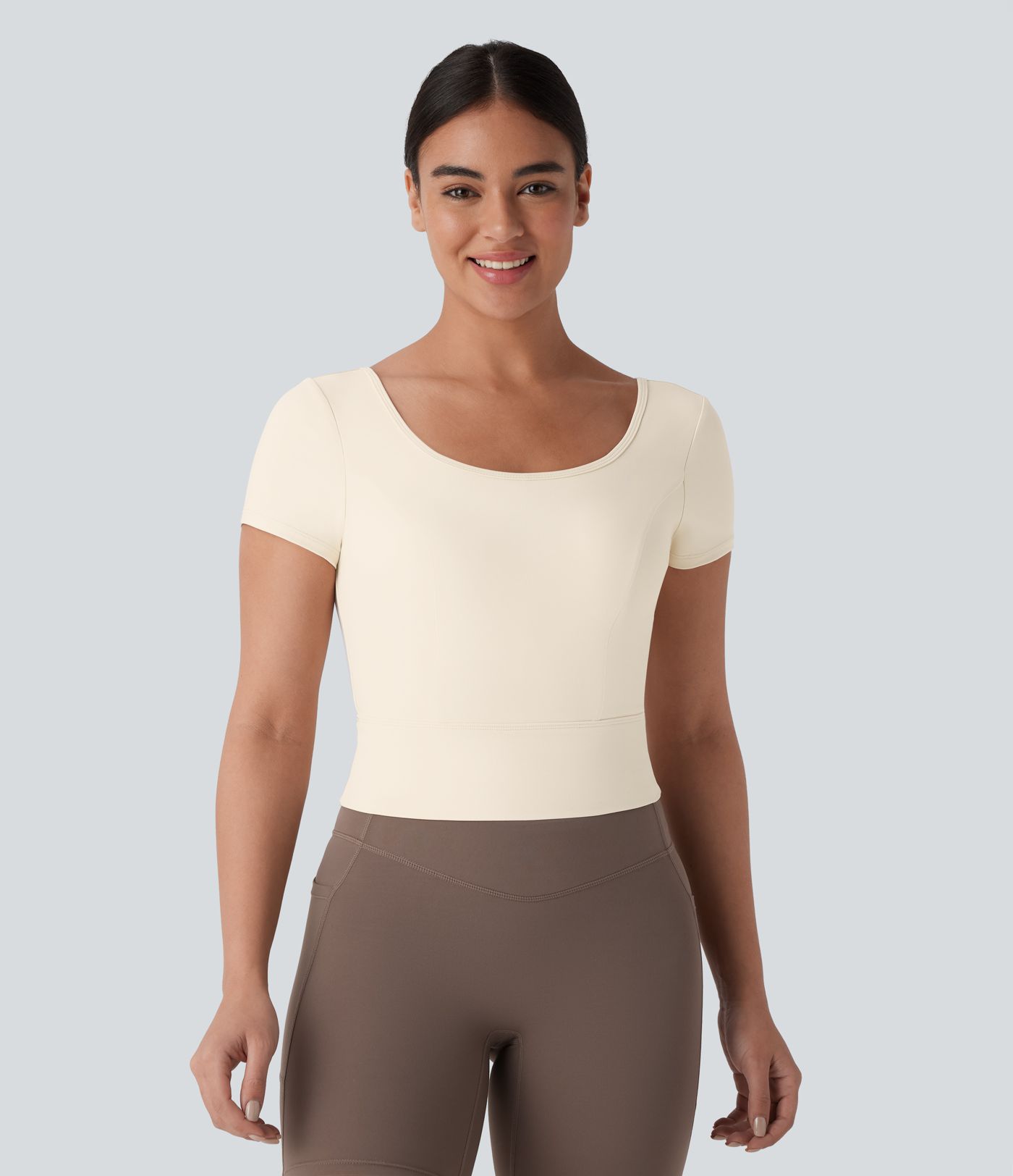 SoftlyZero™ Plush U Neck Short Sleeve Crossover Contrast Mesh Yoga Sports Top SoftlyZero™ Plush U Neck Short Sleeve Crossover Contrast Mesh Yoga Sports Top