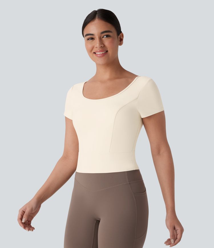 SoftlyZero™ Plush U Neck Short Sleeve Crossover Contrast Mesh Yoga Sports Top SoftlyZero™ Plush U Neck Short Sleeve Crossover Contrast Mesh Yoga Sports Top