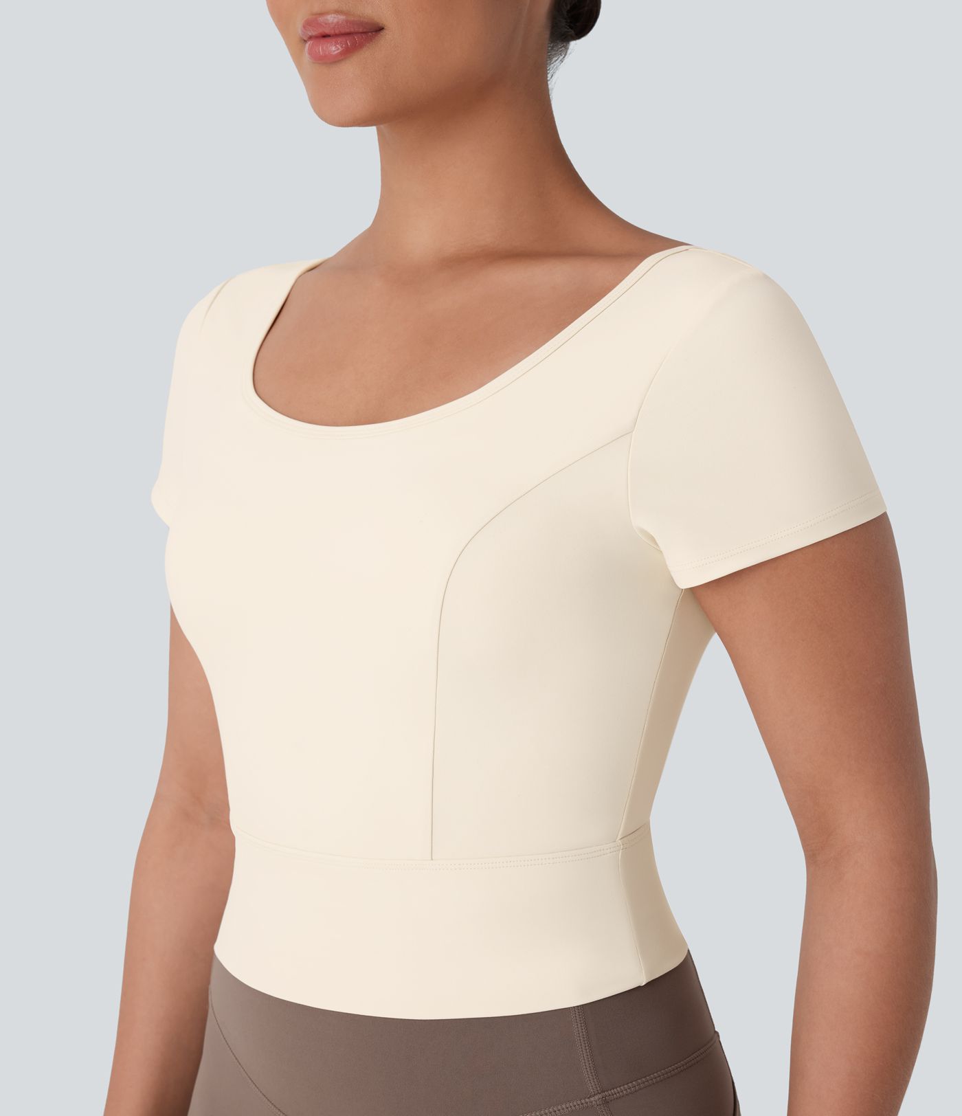 SoftlyZero™ Plush U Neck Short Sleeve Crossover Contrast Mesh Yoga Sports Top SoftlyZero™ Plush U Neck Short Sleeve Crossover Contrast Mesh Yoga Sports Top