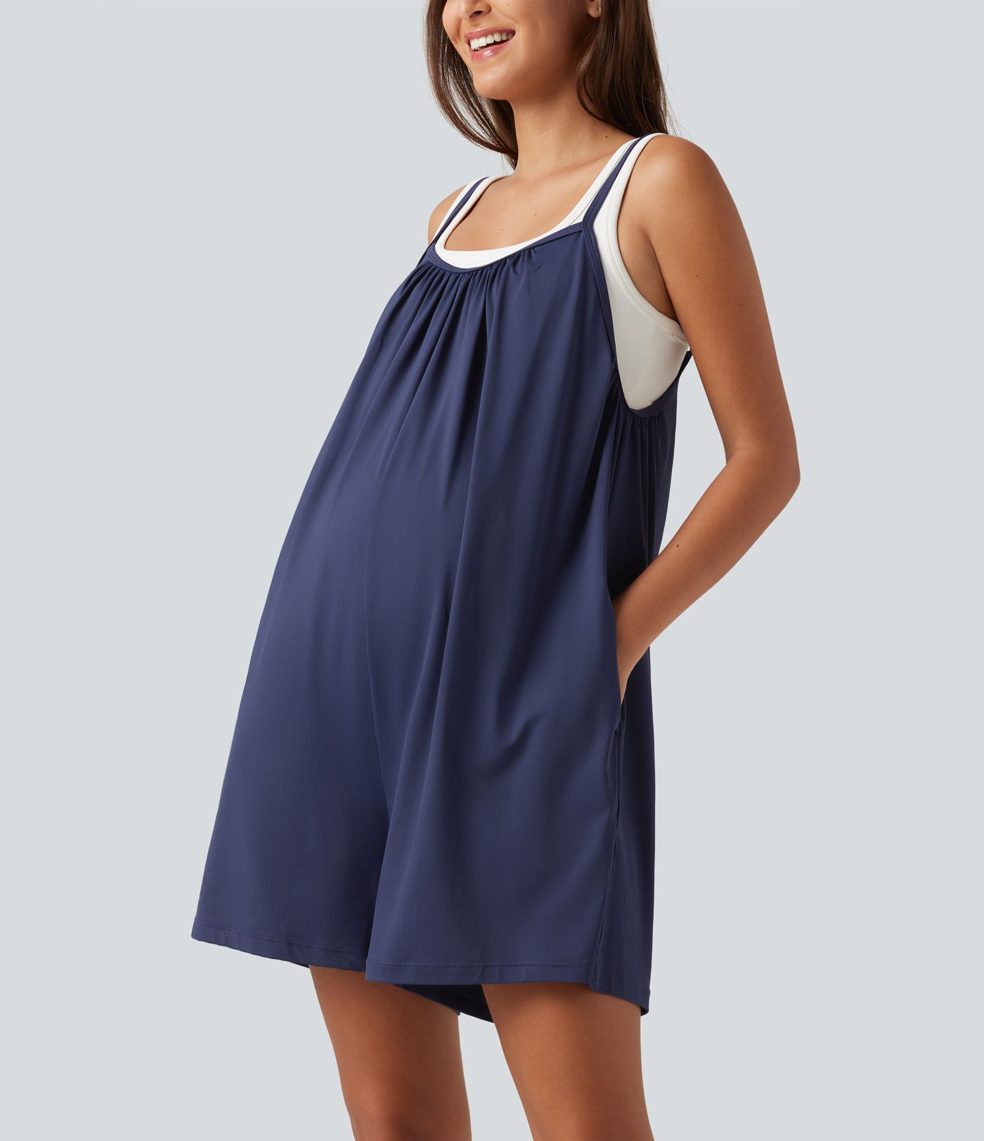 Spaghetti Solid Wide Leg Casual Maternity Romper with Pockets Spaghetti Solid Wide Leg Casual Maternity Romper with Pockets