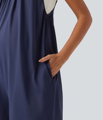 Spaghetti Solid Wide Leg Casual Maternity Romper with Pockets