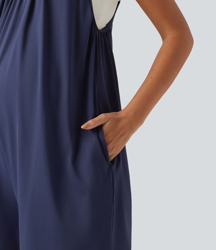 Spaghetti Solid Wide Leg Casual Maternity Romper with Pockets