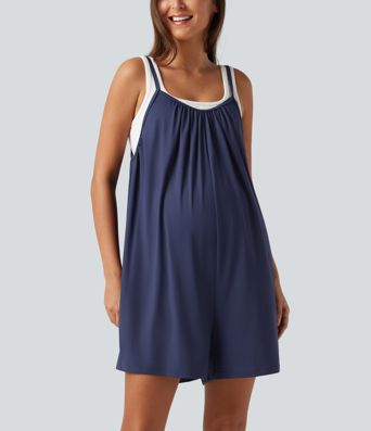 Spaghetti Solid Wide Leg Casual Maternity Romper with Pockets