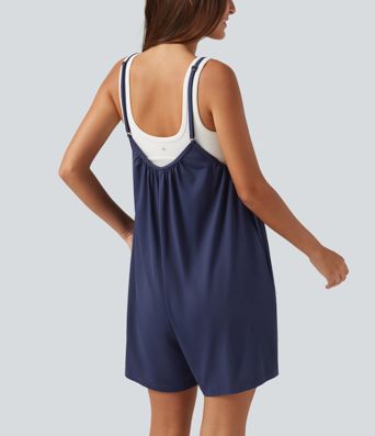 Spaghetti Solid Wide Leg Casual Maternity Romper with Pockets