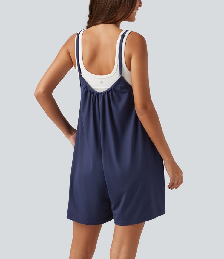 Spaghetti Solid Wide Leg Casual Maternity Romper with Pockets