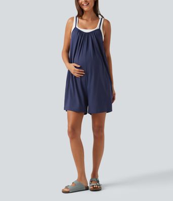Spaghetti Solid Wide Leg Casual Maternity Romper with Pockets