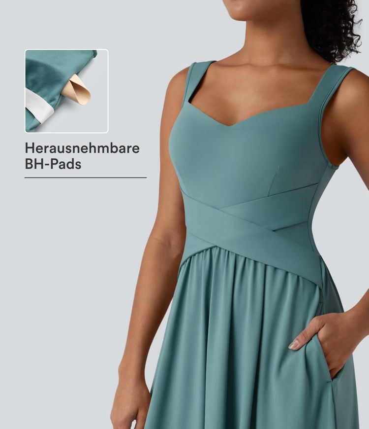 Rückenfreies, ärmelloses, fließendes Midikleid mit Seitentaschen und überkreuztem Design