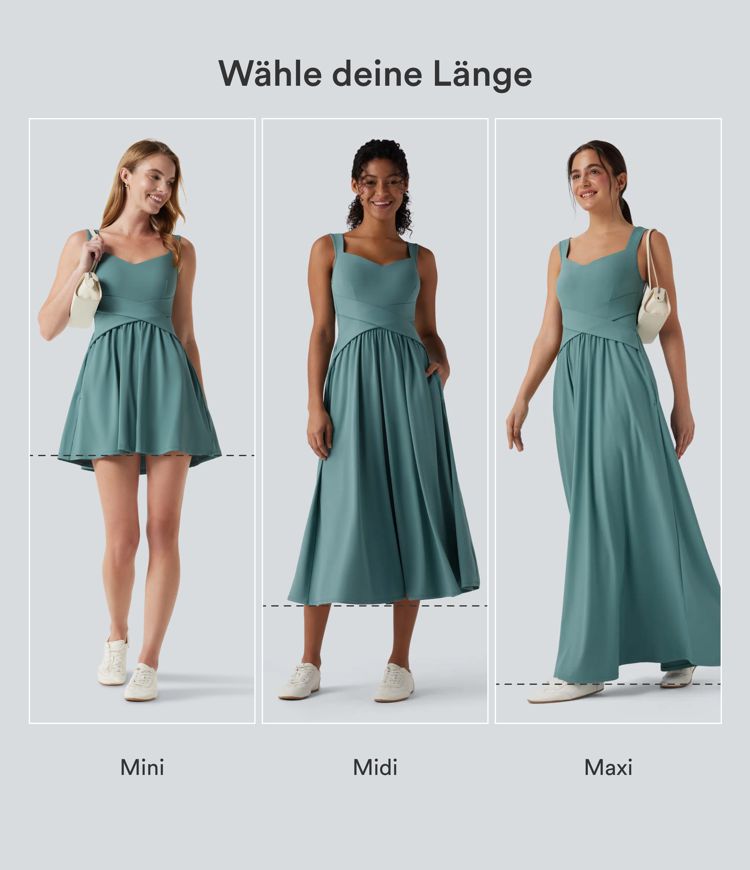 Rückenfreies, ärmelloses, fließendes Midikleid mit Seitentaschen und überkreuztem Design