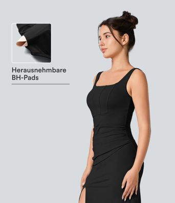 Figurbetontes Midi-Freizeitkleid mit Schlitz, rückenfreiem Korsett mit quadratischem Ausschnitt und Rüschen Figurbetontes Midi-Freizeitkleid mit Schlitz, rückenfreiem Korsett mit quadratischem Ausschnitt und Rüschen