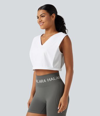 SoftlyZero™ Airy V Neck Rolled Hem Cool Touch Cropped Yoga Tank Top-UPF50+