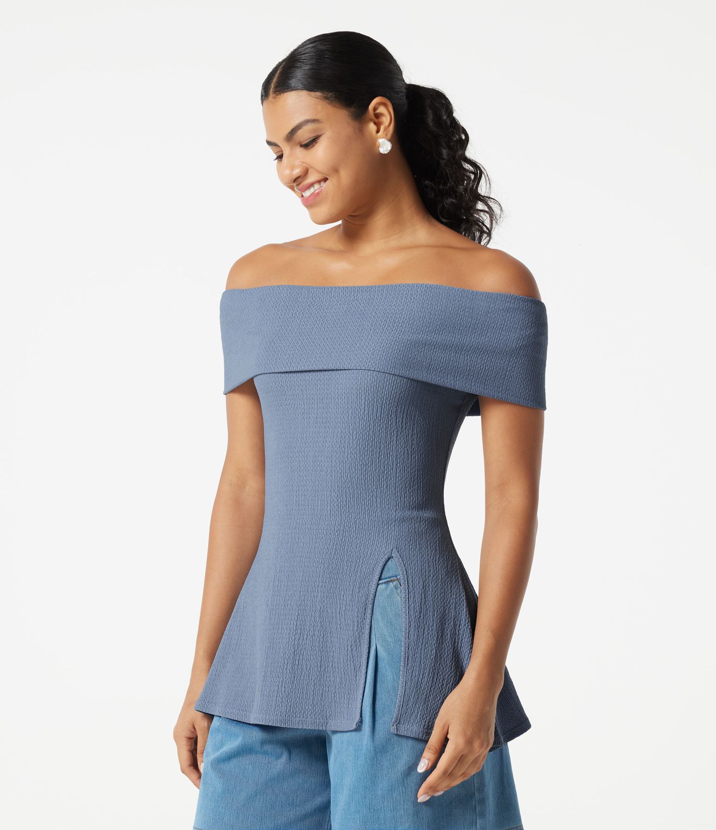 Off Shoulder Short Sleeve Split Hem Casual Top