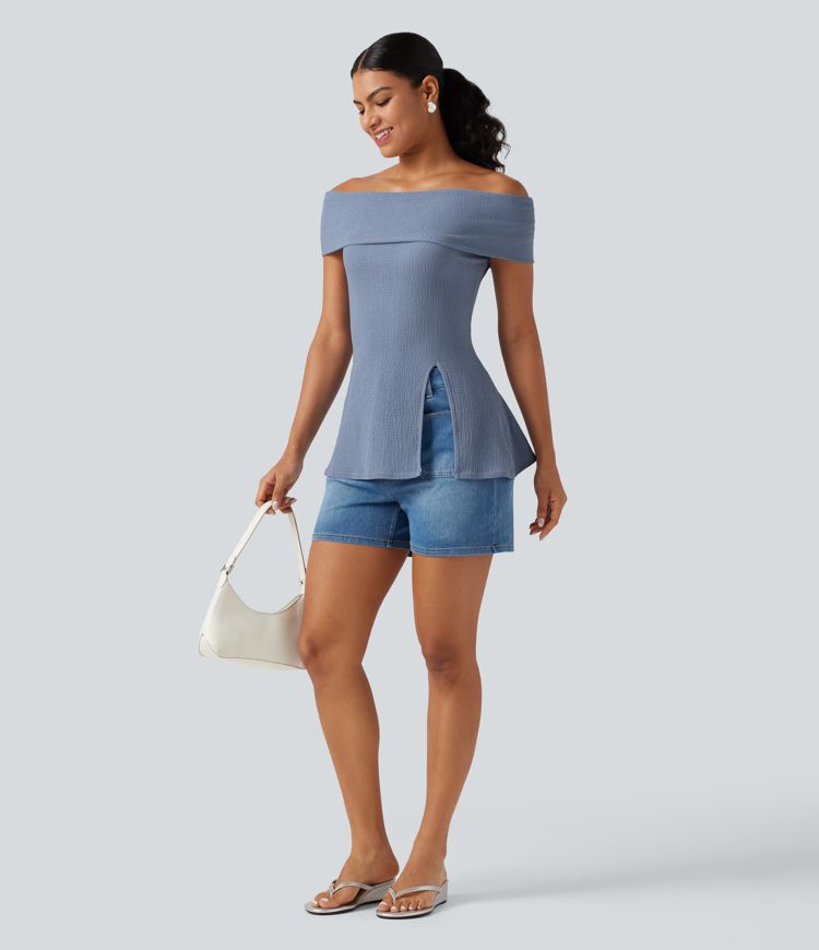 Off Shoulder Short Sleeve Split Hem Casual Top