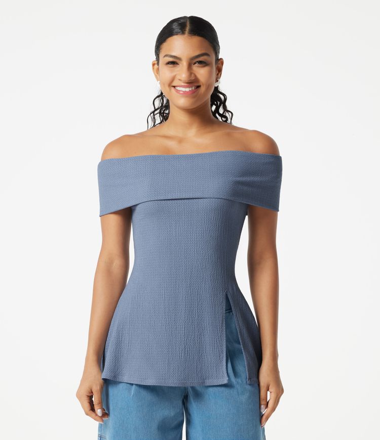 Off Shoulder Short Sleeve Split Hem Casual Top