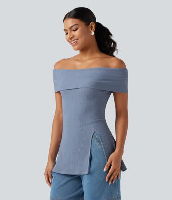 Off Shoulder Short Sleeve Split Hem Casual Top