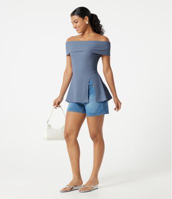 Off Shoulder Short Sleeve Split Hem Casual Top