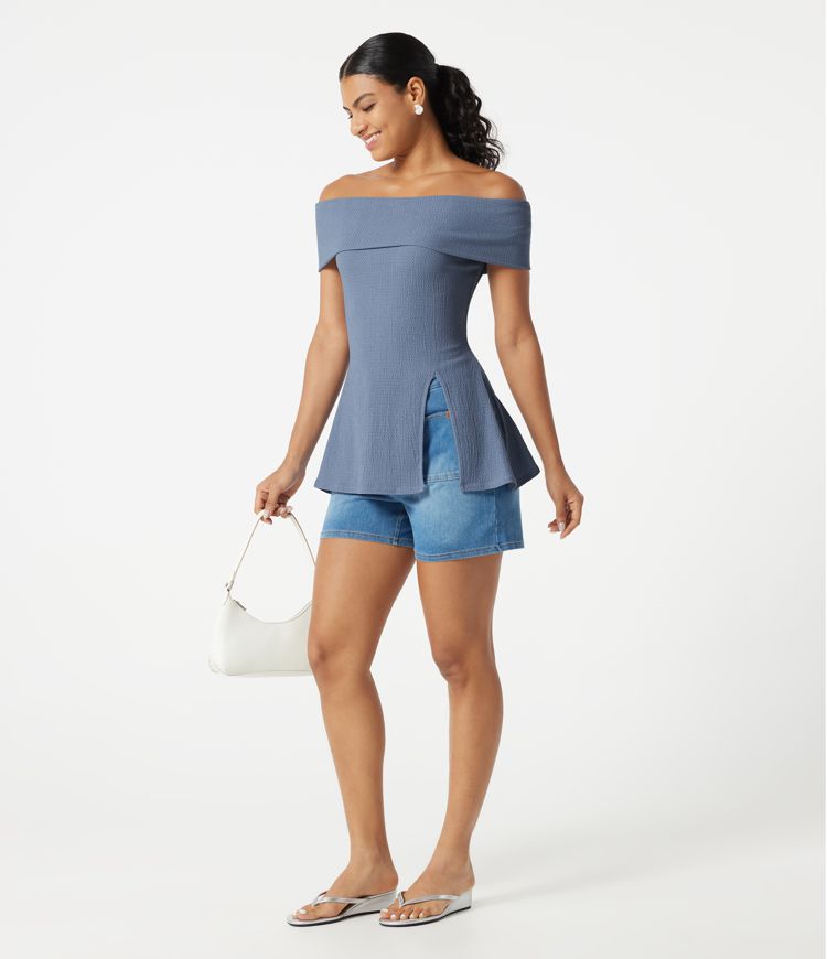 Off Shoulder Short Sleeve Split Hem Casual Top