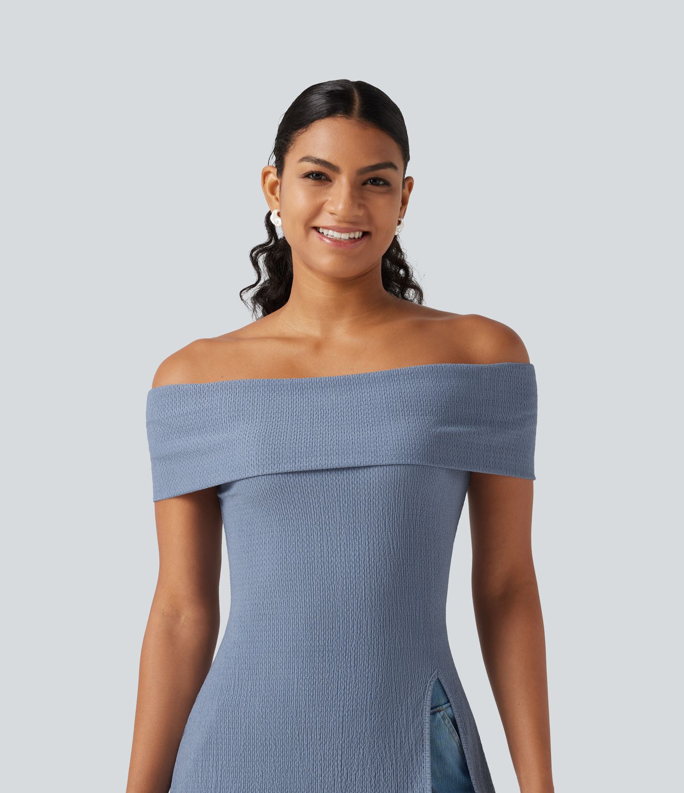 Off Shoulder Short Sleeve Split Hem Casual Top